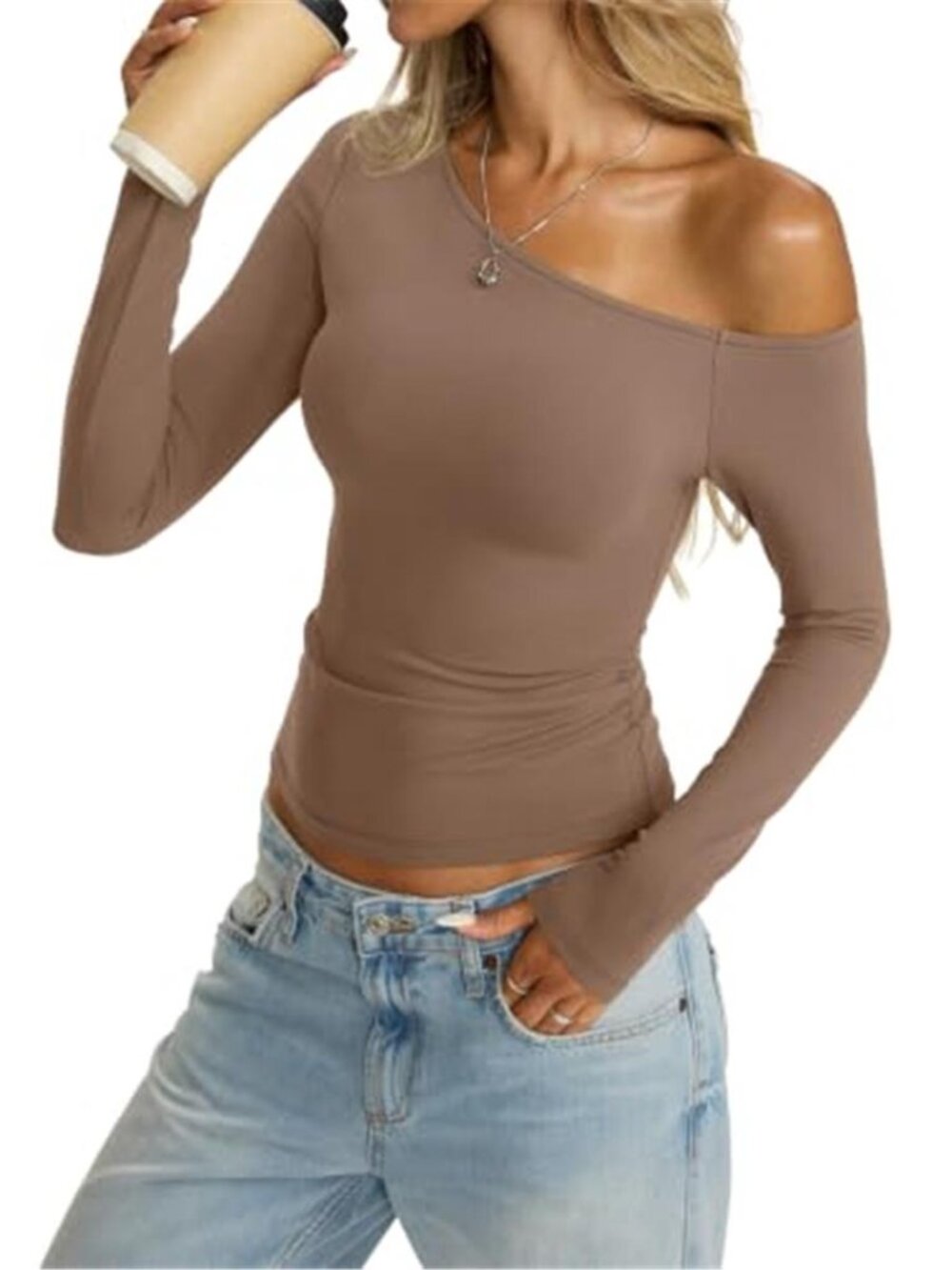 Women's Off Shoulder Fitted Top | Long Sleeve Fall Going Out Shirt - Picture 5 of 6